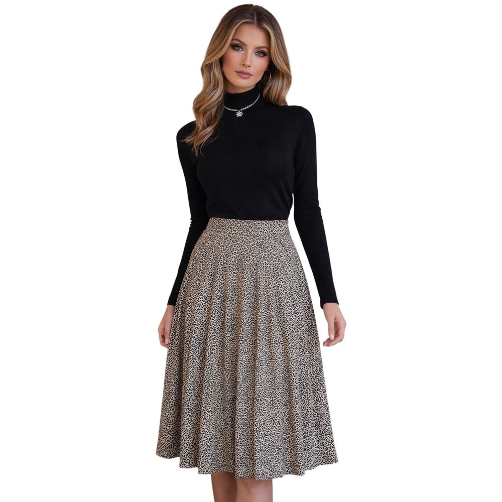 Flagg Petites‎ Y2K Leopard Print Pleated Midi Skirt Hazelnut Tan PXL Deadstock